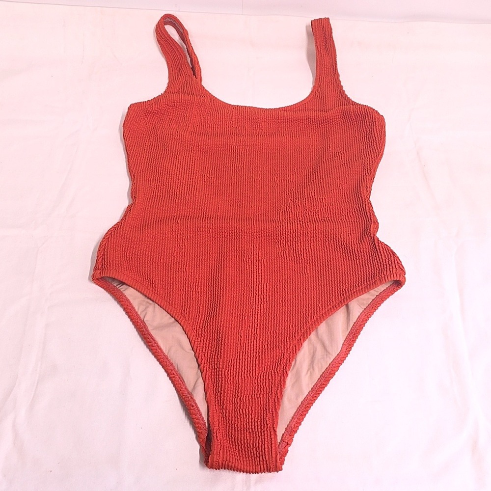 Madewell One Piece Swimsuit Women L Orange Second Wave Crinkle Tank Scoop Back